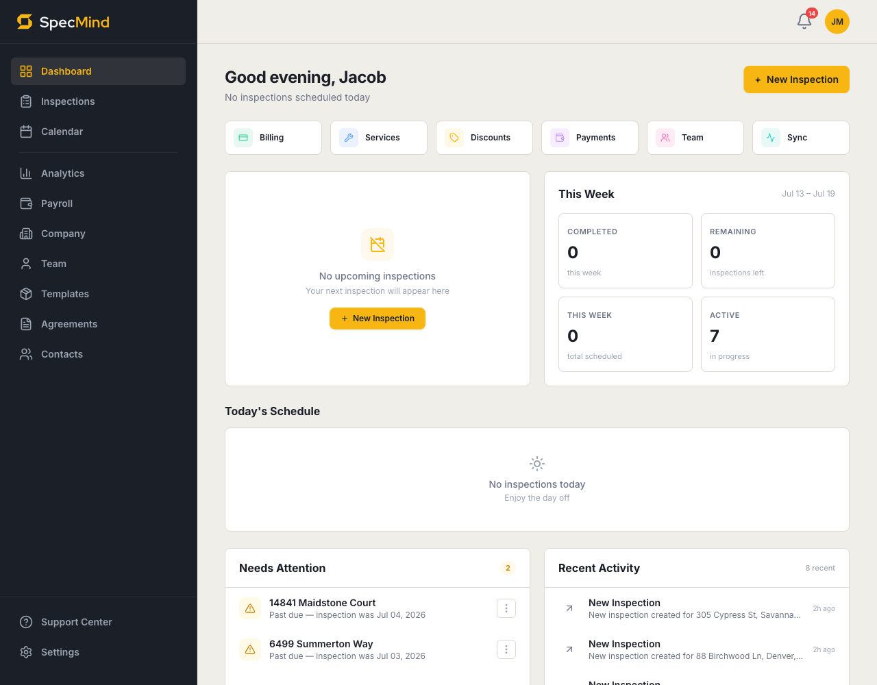 The SpecMind dashboard — this week's inspections, what needs attention, and recent team activity.